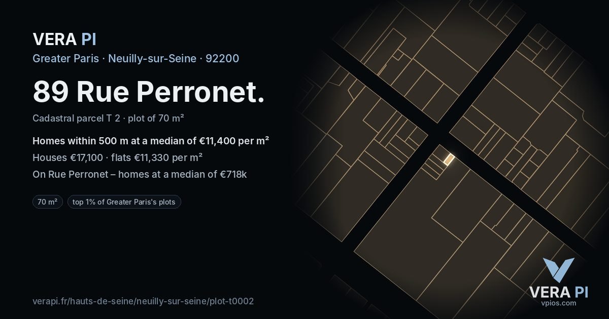 89 Rue Perronet, Neuilly-sur-Seine at night – the plot lit, the parcels around coloured by the prices near them