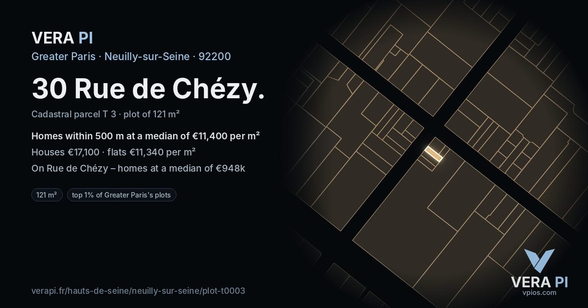 30 Rue de Chézy, Neuilly-sur-Seine at night – the plot lit, the parcels around coloured by the prices near them