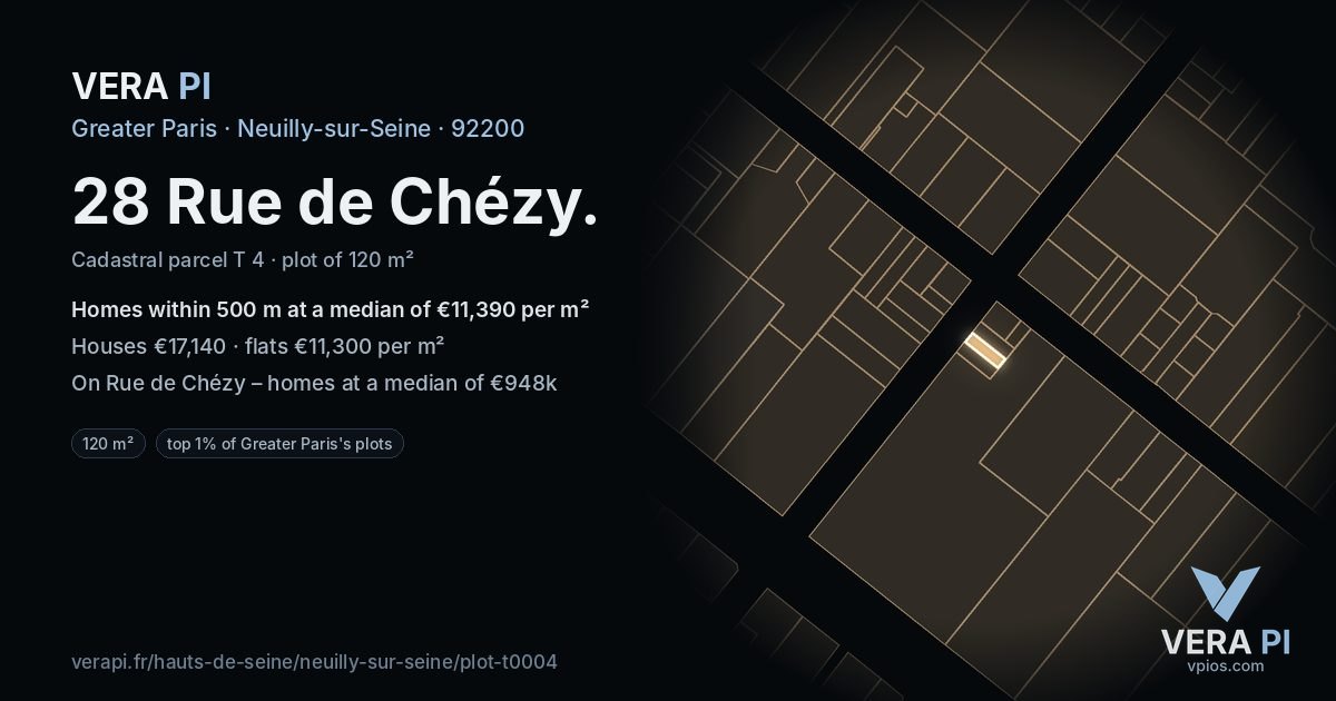 28 Rue de Chézy, Neuilly-sur-Seine at night – the plot lit, the parcels around coloured by the prices near them