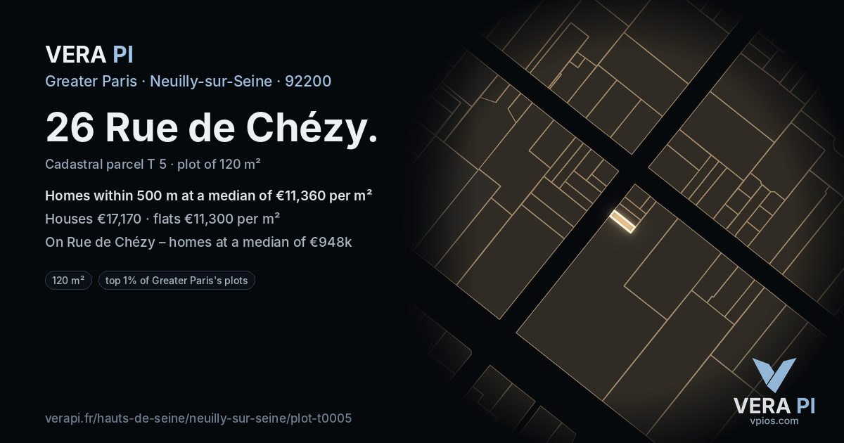 26 Rue de Chézy, Neuilly-sur-Seine at night – the plot lit, the parcels around coloured by the prices near them