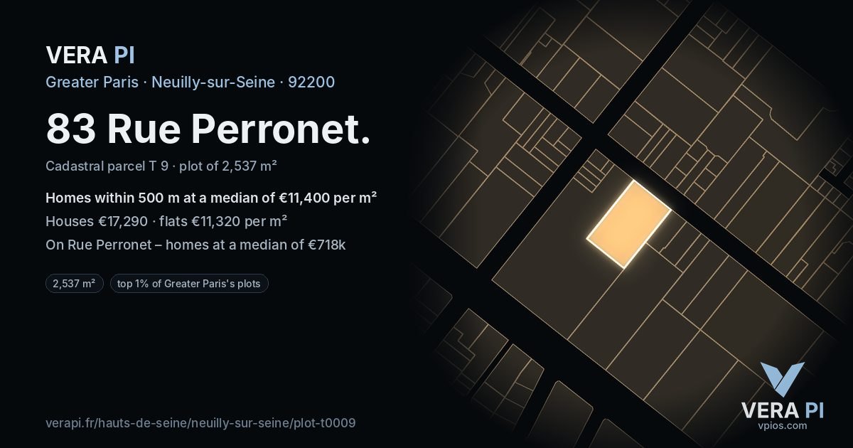 83 Rue Perronet, Neuilly-sur-Seine at night – the plot lit, the parcels around coloured by the prices near them