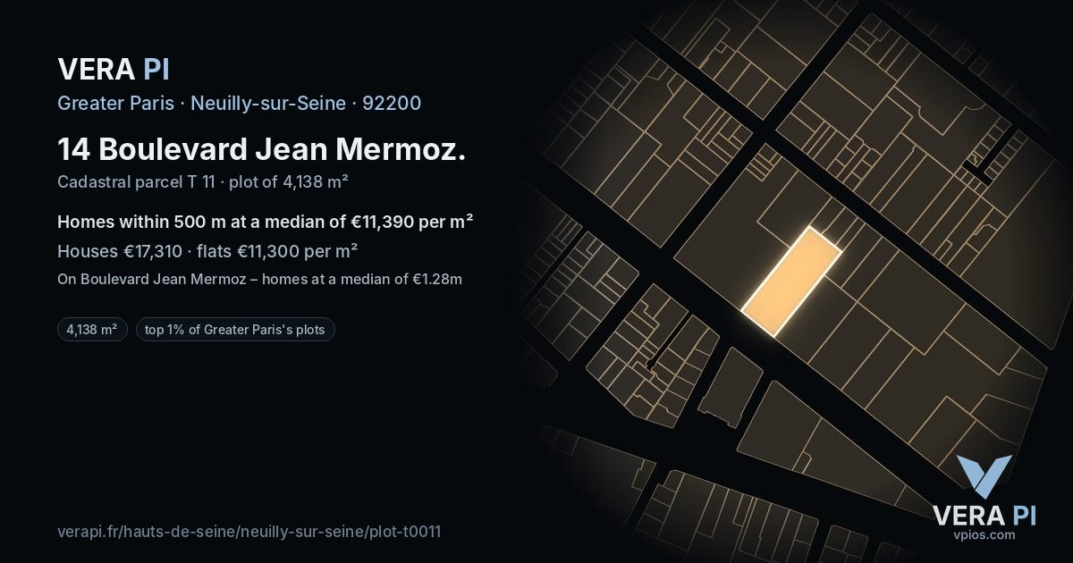 14 Boulevard Jean Mermoz, Neuilly-sur-Seine at night – the plot lit, the parcels around coloured by the prices near them