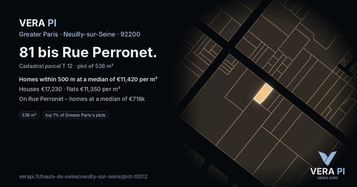 81 bis Rue Perronet, Neuilly-sur-Seine at night – the plot lit, the parcels around coloured by the prices near them