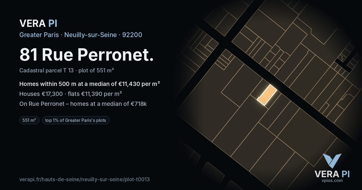 81 Rue Perronet, Neuilly-sur-Seine at night – the plot lit, the parcels around coloured by the prices near them