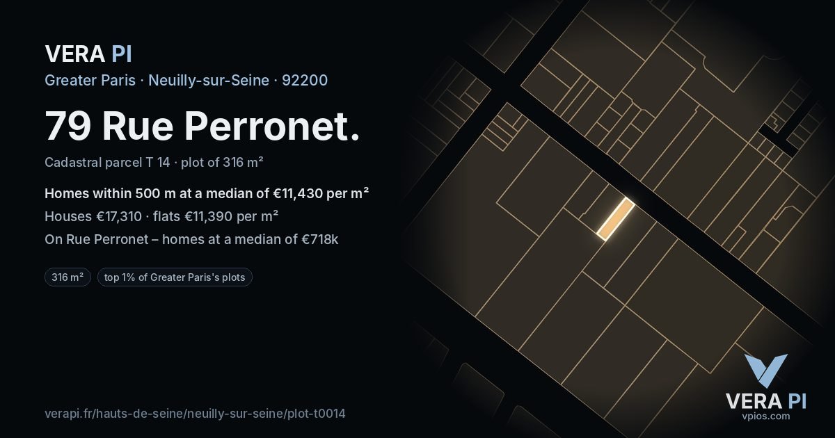 79 Rue Perronet, Neuilly-sur-Seine at night – the plot lit, the parcels around coloured by the prices near them