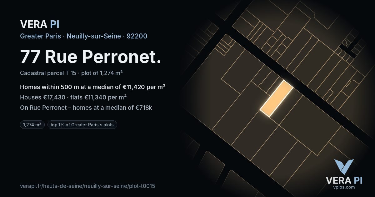 77 Rue Perronet, Neuilly-sur-Seine at night – the plot lit, the parcels around coloured by the prices near them
