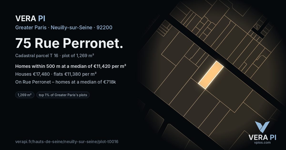 75 Rue Perronet, Neuilly-sur-Seine at night – the plot lit, the parcels around coloured by the prices near them