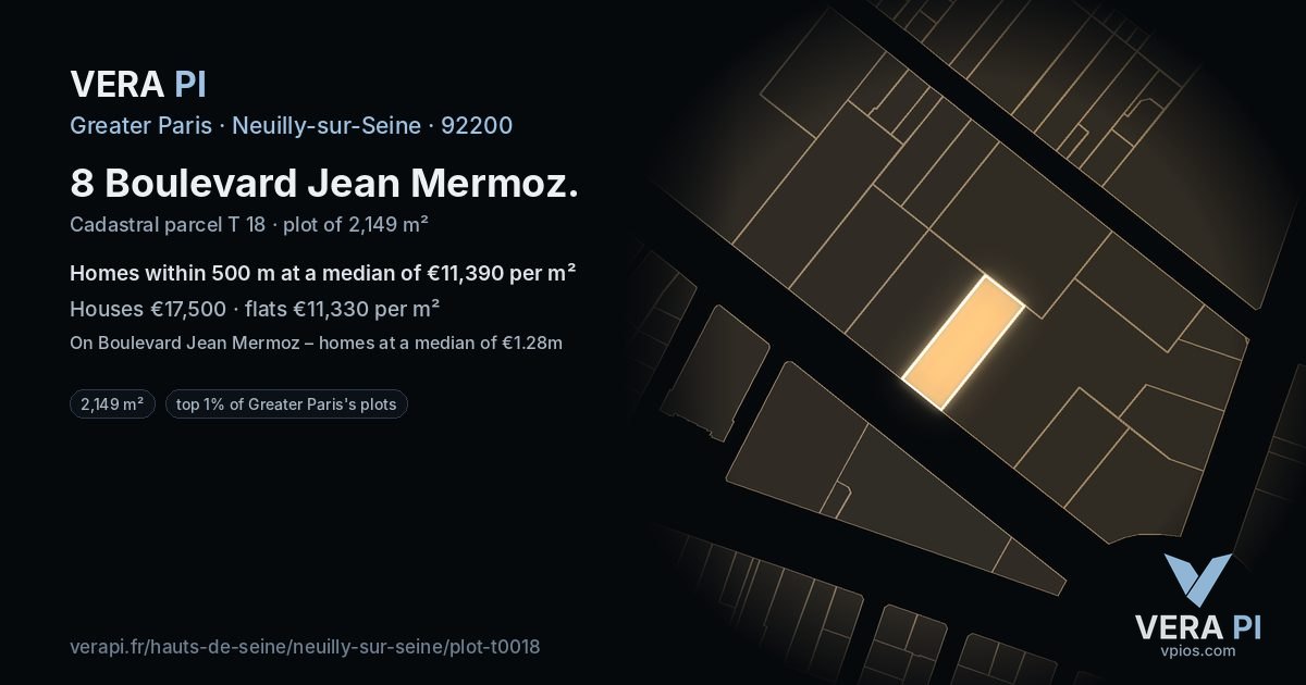 8 Boulevard Jean Mermoz, Neuilly-sur-Seine at night – the plot lit, the parcels around coloured by the prices near them