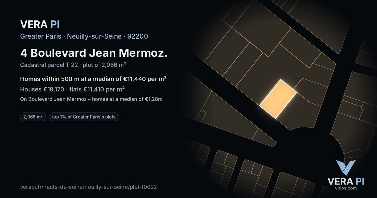 4 Boulevard Jean Mermoz, Neuilly-sur-Seine at night – the plot lit, the parcels around coloured by the prices near them