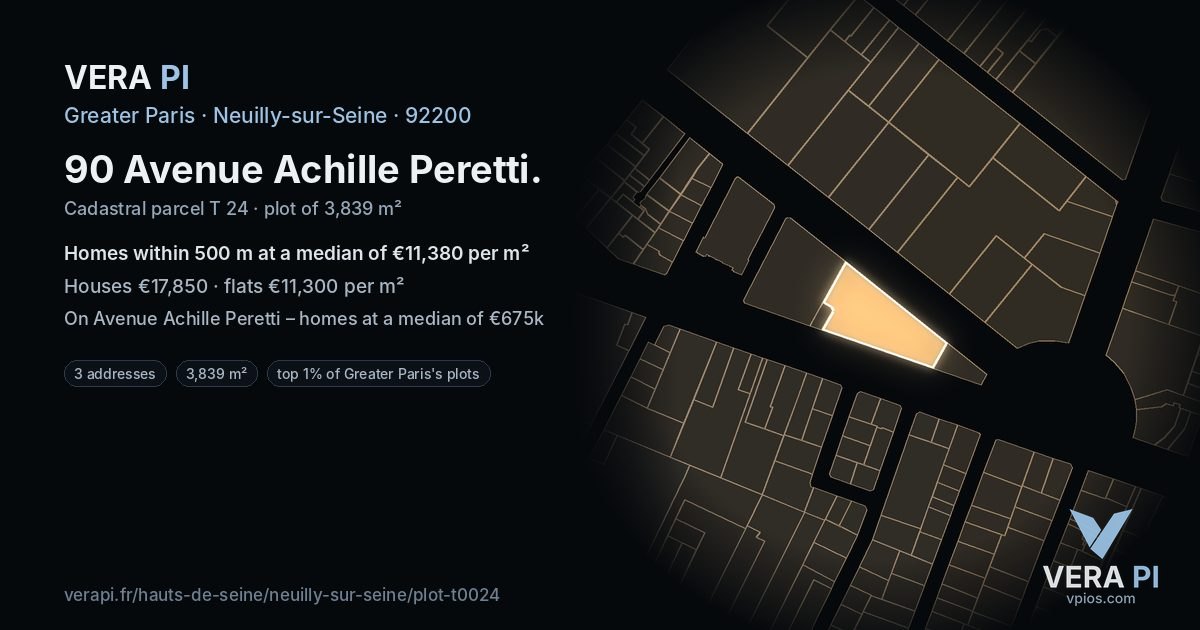 90 Avenue Achille Peretti, Neuilly-sur-Seine at night – the plot lit, the parcels around coloured by the prices near them