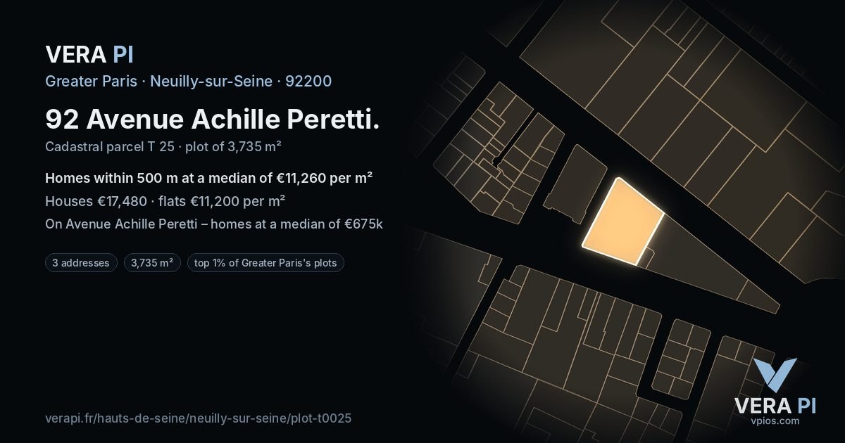 92 Avenue Achille Peretti, Neuilly-sur-Seine at night – the plot lit, the parcels around coloured by the prices near them