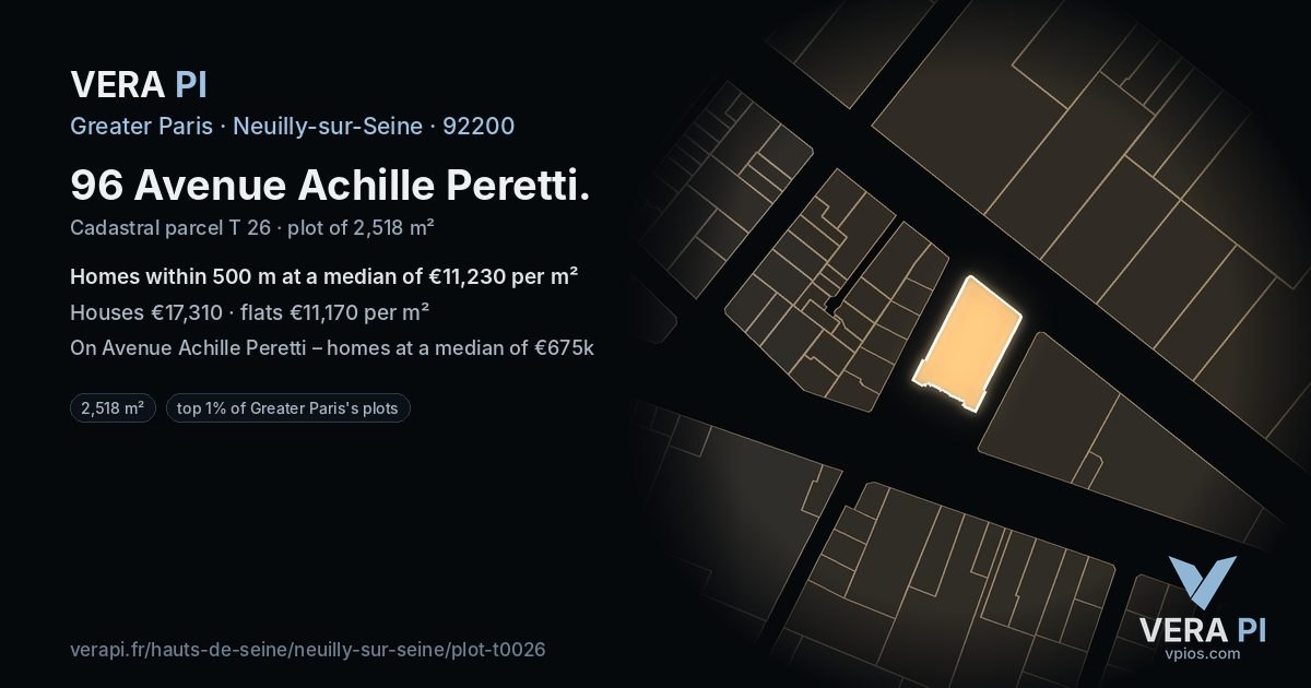96 Avenue Achille Peretti, Neuilly-sur-Seine at night – the plot lit, the parcels around coloured by the prices near them