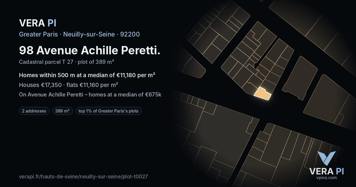 98 Avenue Achille Peretti, Neuilly-sur-Seine at night – the plot lit, the parcels around coloured by the prices near them