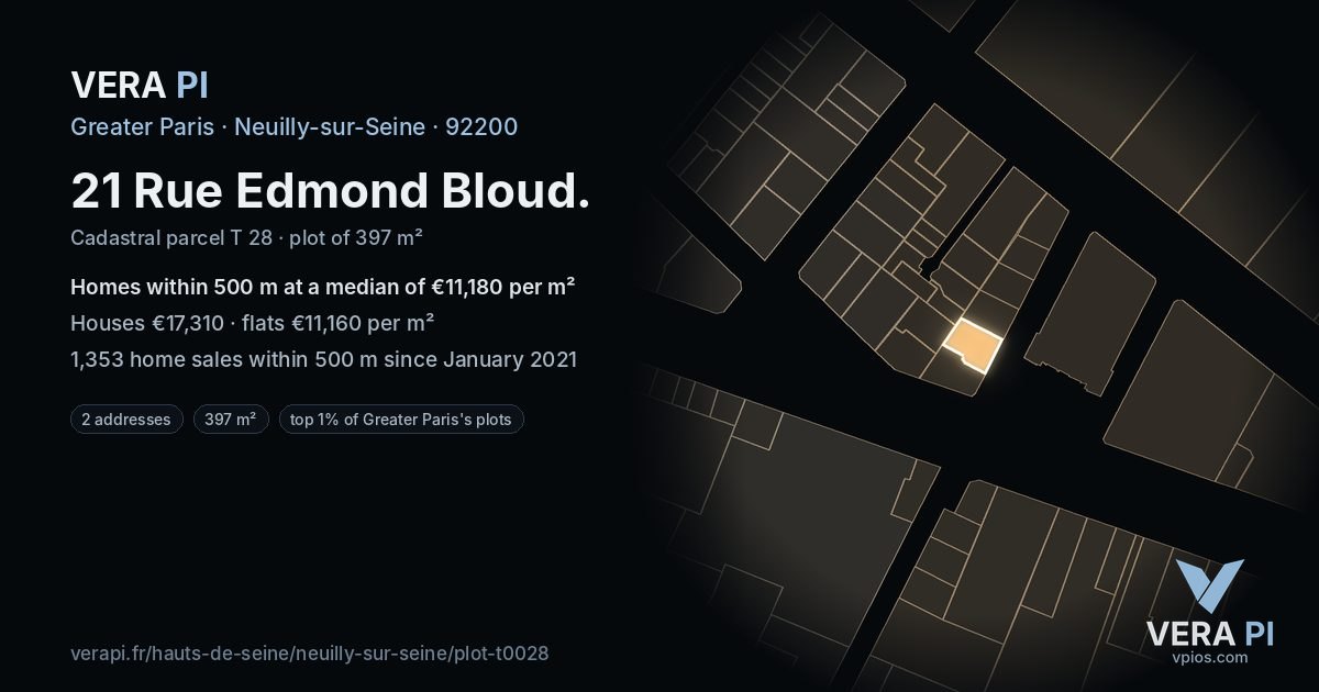 21 Rue Edmond Bloud, Neuilly-sur-Seine at night – the plot lit, the parcels around coloured by the prices near them
