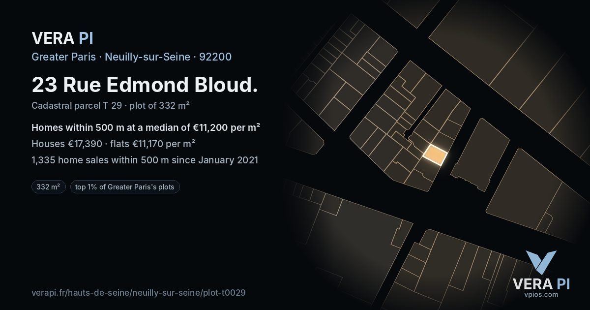 23 Rue Edmond Bloud, Neuilly-sur-Seine at night – the plot lit, the parcels around coloured by the prices near them