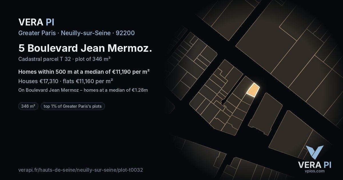 5 Boulevard Jean Mermoz, Neuilly-sur-Seine at night – the plot lit, the parcels around coloured by the prices near them