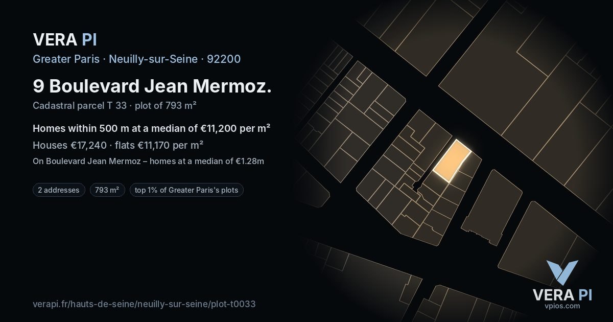9 Boulevard Jean Mermoz, Neuilly-sur-Seine at night – the plot lit, the parcels around coloured by the prices near them