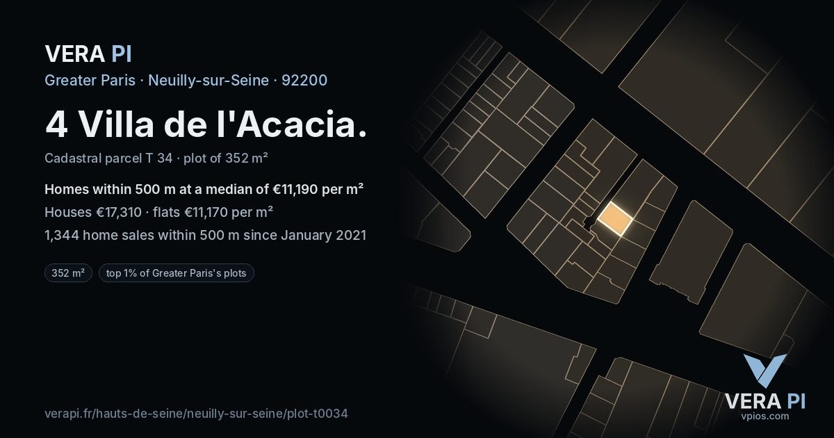 4 Villa de l'Acacia, Neuilly-sur-Seine at night – the plot lit, the parcels around coloured by the prices near them