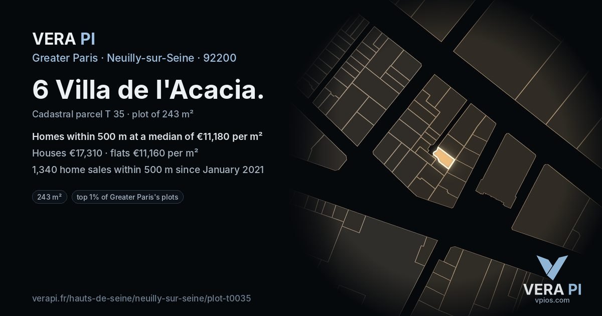 6 Villa de l'Acacia, Neuilly-sur-Seine at night – the plot lit, the parcels around coloured by the prices near them