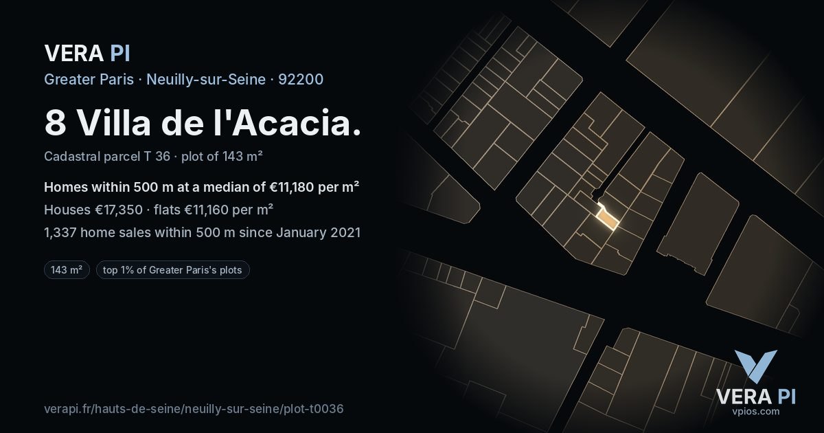 8 Villa de l'Acacia, Neuilly-sur-Seine at night – the plot lit, the parcels around coloured by the prices near them