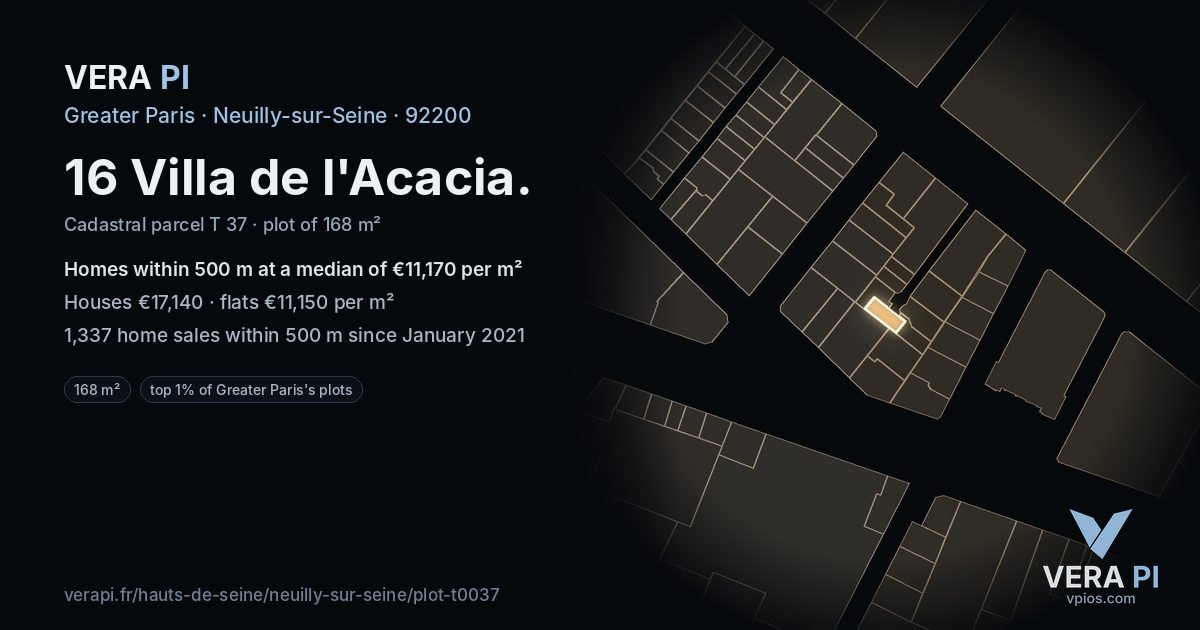 16 Villa de l'Acacia, Neuilly-sur-Seine at night – the plot lit, the parcels around coloured by the prices near them