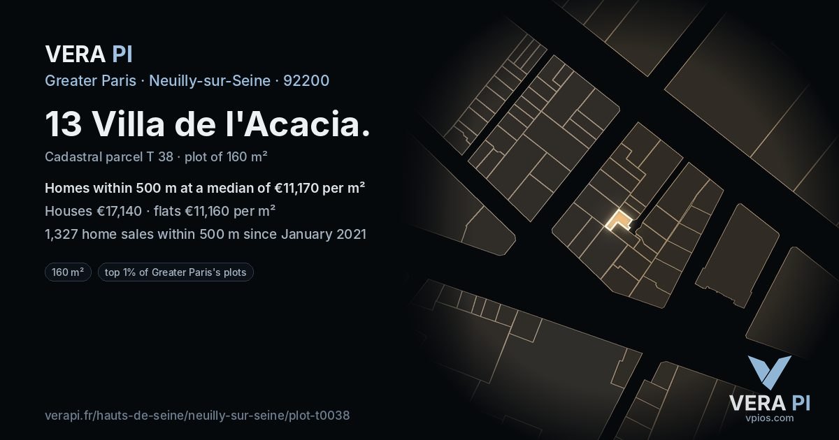 13 Villa de l'Acacia, Neuilly-sur-Seine at night – the plot lit, the parcels around coloured by the prices near them