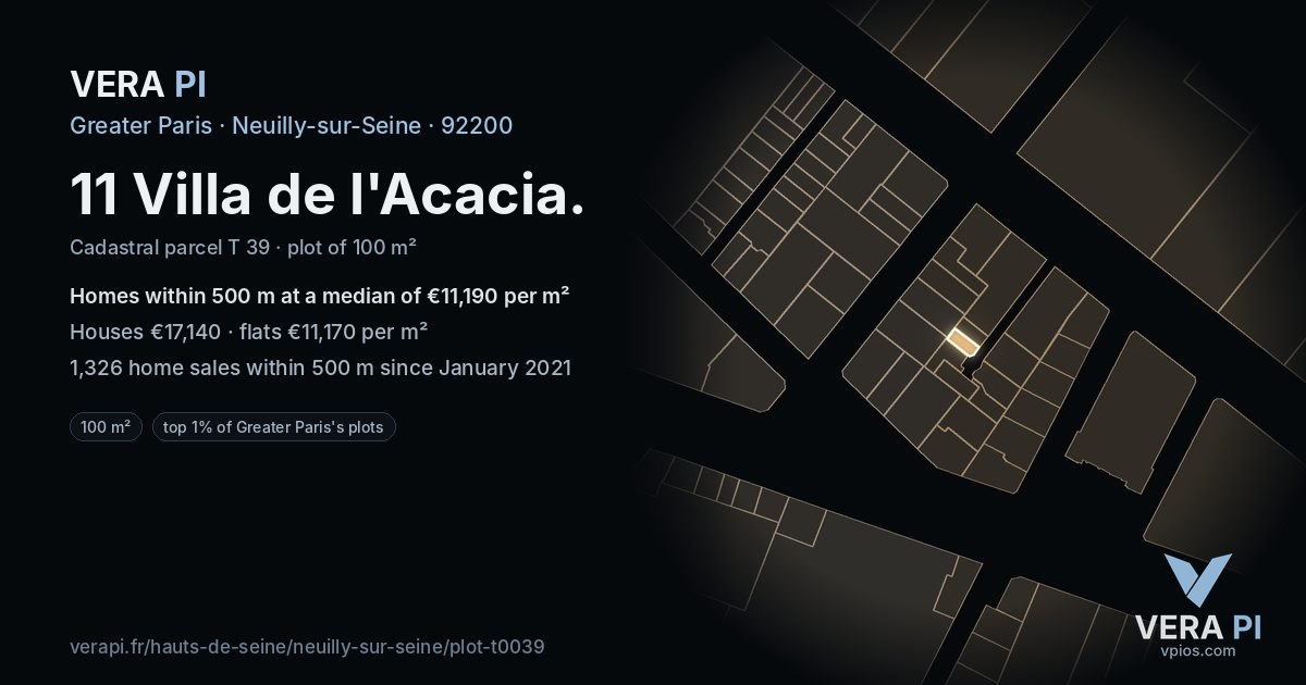 11 Villa de l'Acacia, Neuilly-sur-Seine at night – the plot lit, the parcels around coloured by the prices near them