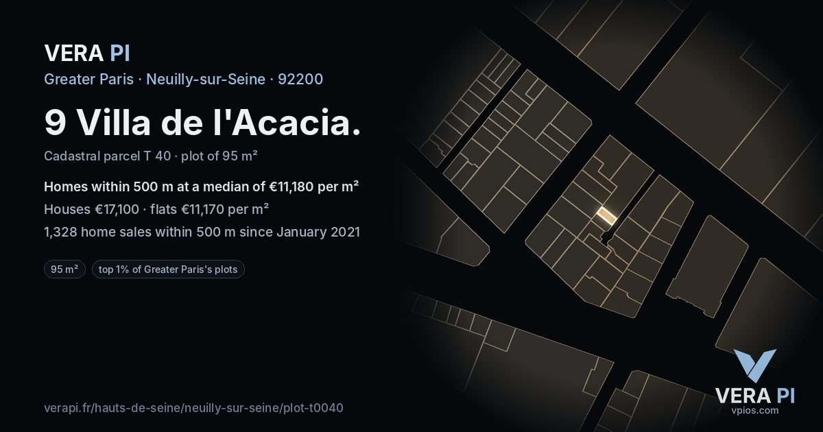 9 Villa de l'Acacia, Neuilly-sur-Seine at night – the plot lit, the parcels around coloured by the prices near them