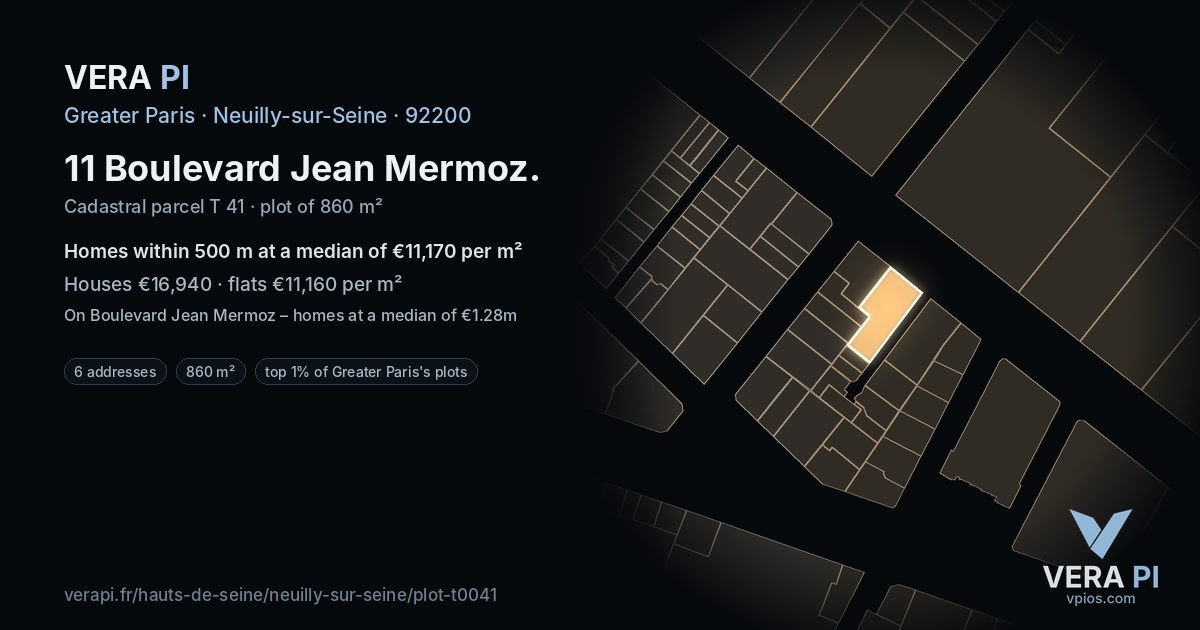 11 Boulevard Jean Mermoz, Neuilly-sur-Seine at night – the plot lit, the parcels around coloured by the prices near them