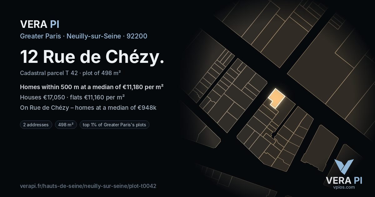 12 Rue de Chézy, Neuilly-sur-Seine at night – the plot lit, the parcels around coloured by the prices near them