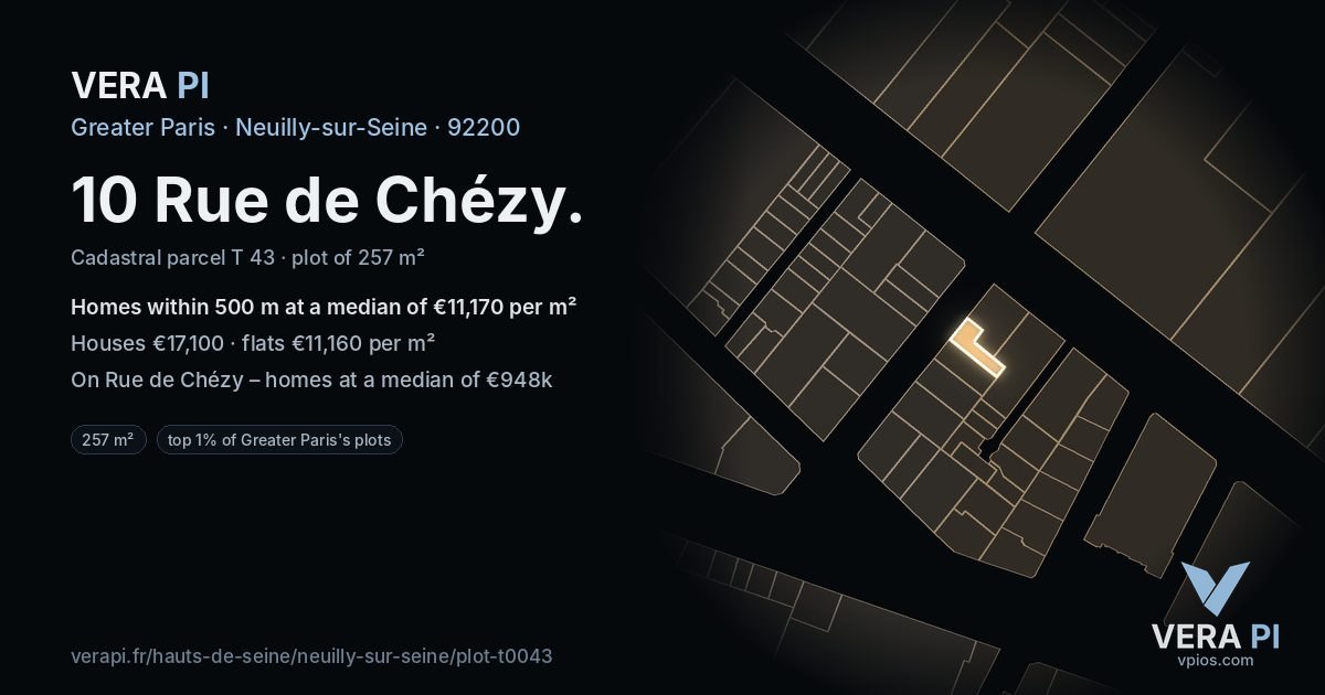 10 Rue de Chézy, Neuilly-sur-Seine at night – the plot lit, the parcels around coloured by the prices near them