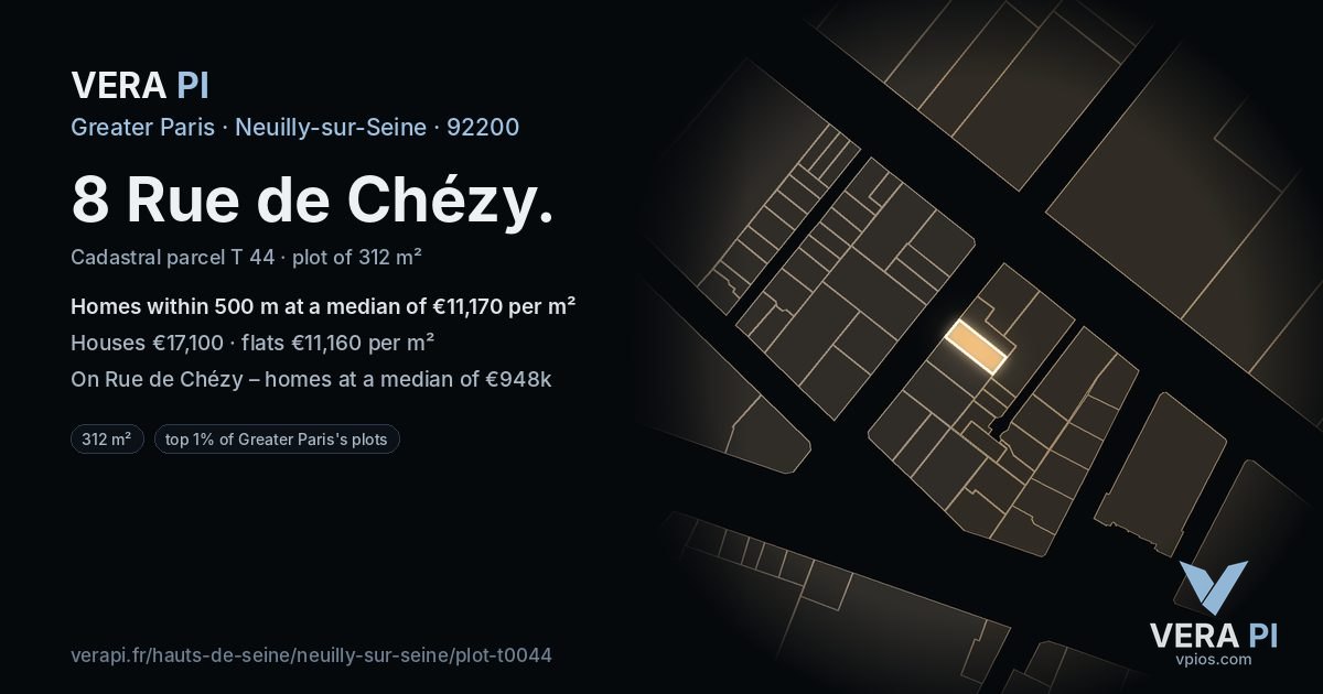 8 Rue de Chézy, Neuilly-sur-Seine at night – the plot lit, the parcels around coloured by the prices near them