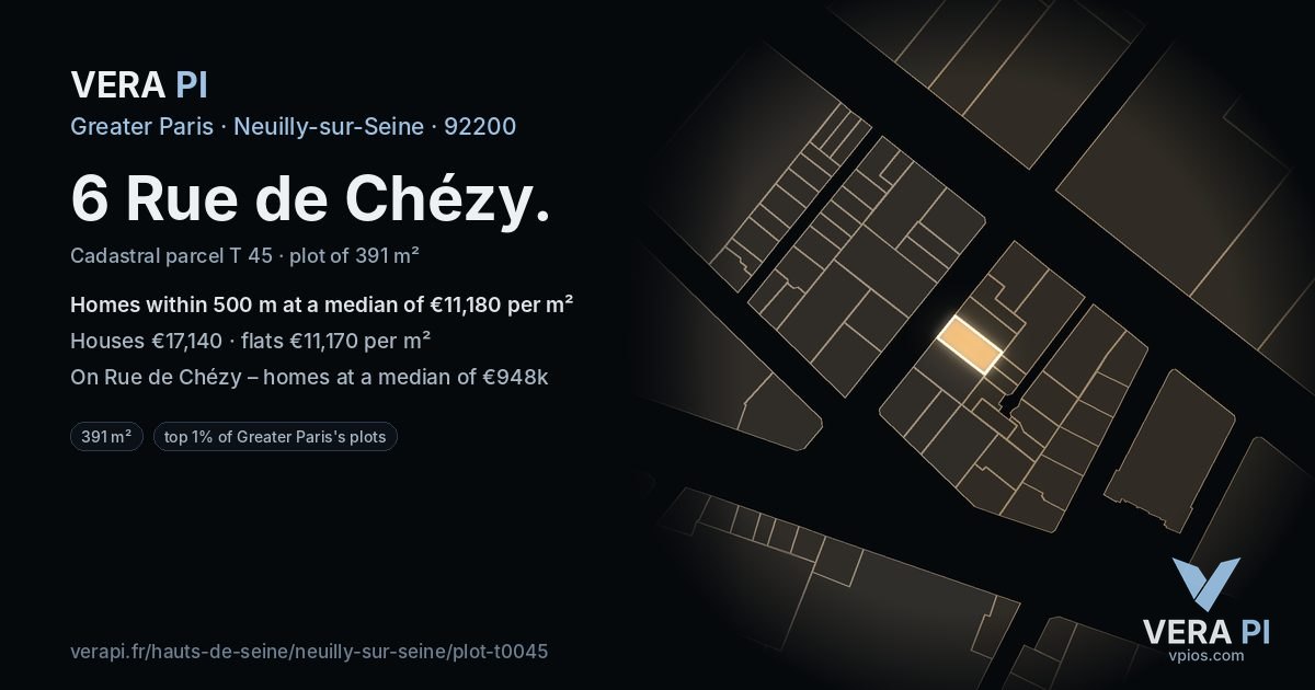 6 Rue de Chézy, Neuilly-sur-Seine at night – the plot lit, the parcels around coloured by the prices near them
