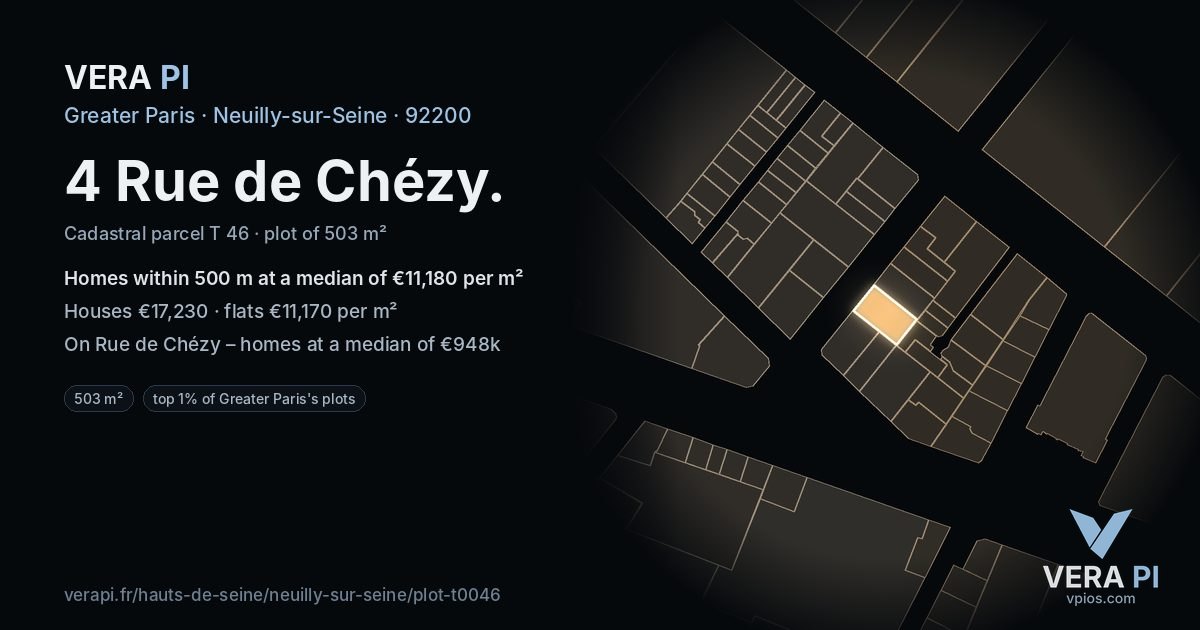 4 Rue de Chézy, Neuilly-sur-Seine at night – the plot lit, the parcels around coloured by the prices near them