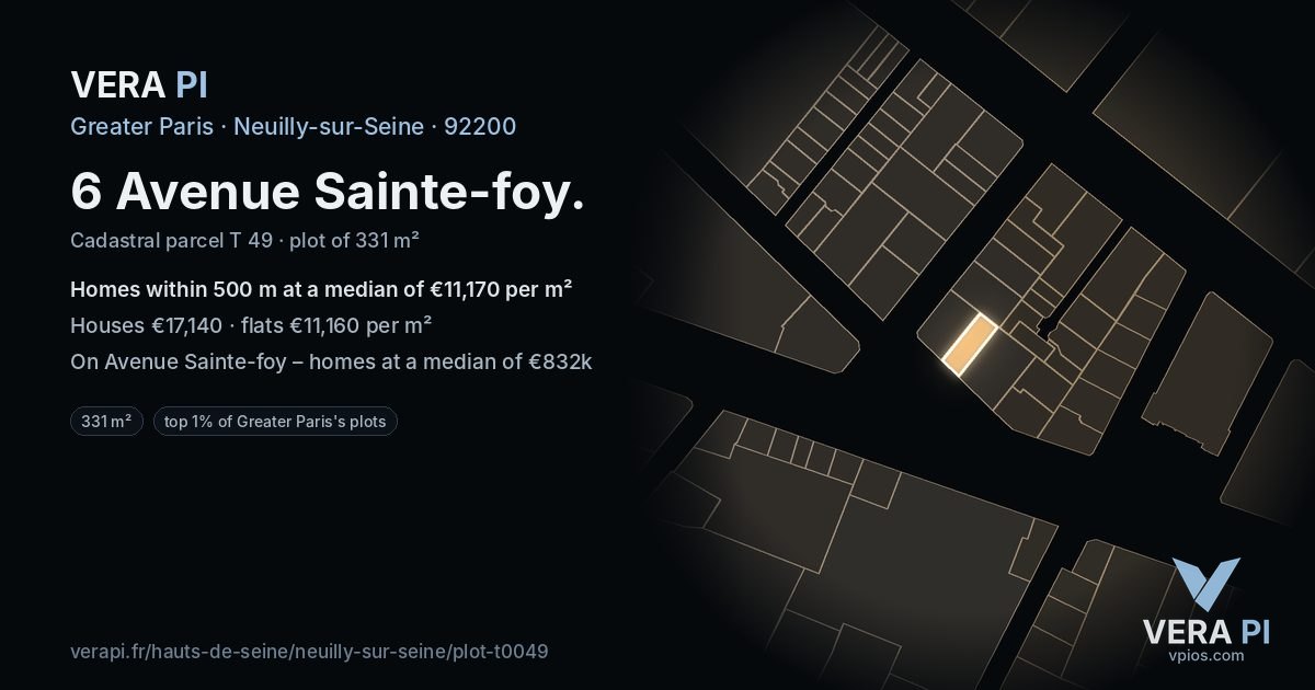6 Avenue Sainte-foy, Neuilly-sur-Seine at night – the plot lit, the parcels around coloured by the prices near them