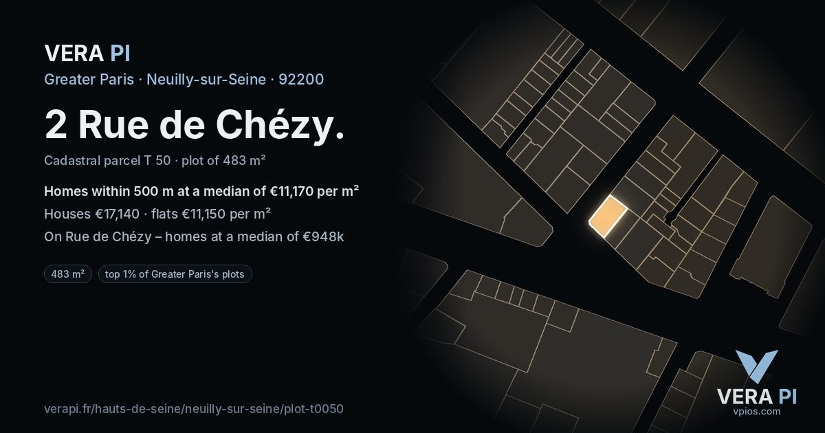 2 Rue de Chézy, Neuilly-sur-Seine at night – the plot lit, the parcels around coloured by the prices near them