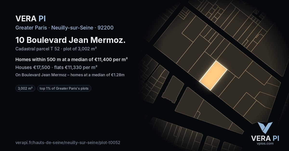 10 Boulevard Jean Mermoz, Neuilly-sur-Seine at night – the plot lit, the parcels around coloured by the prices near them
