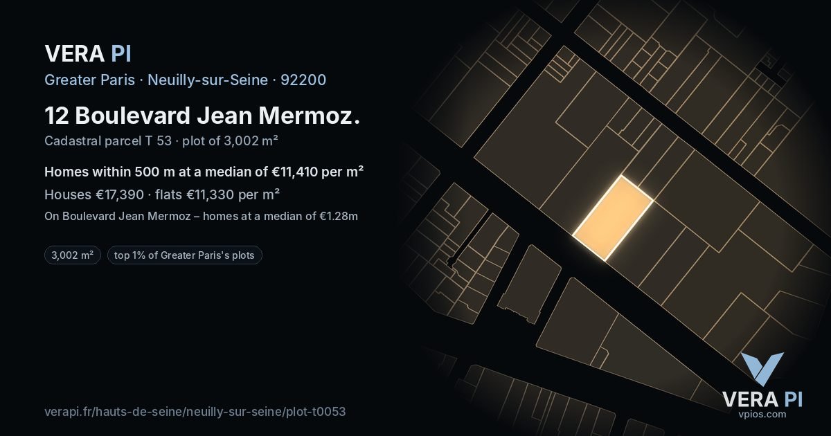 12 Boulevard Jean Mermoz, Neuilly-sur-Seine at night – the plot lit, the parcels around coloured by the prices near them