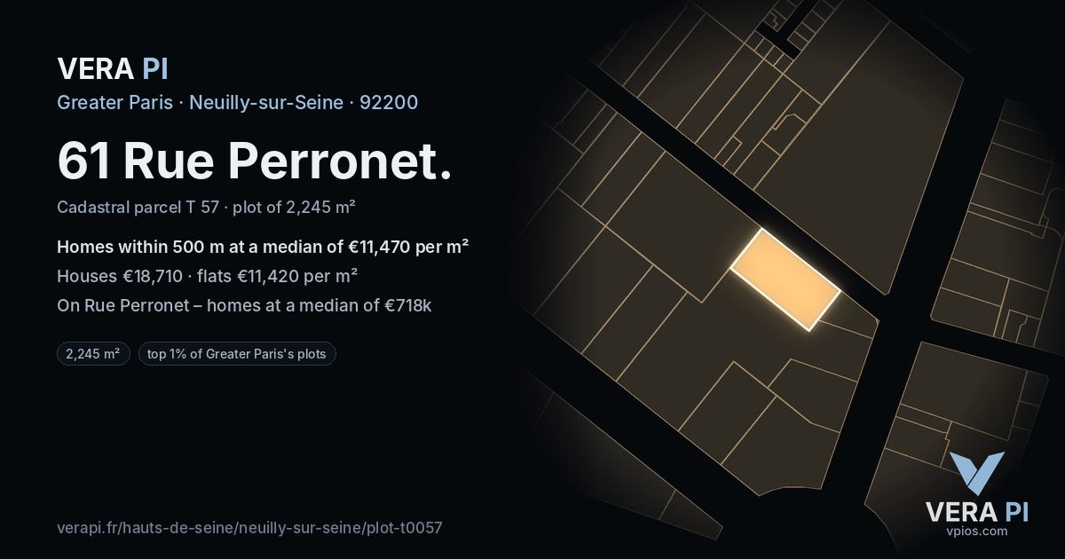 61 Rue Perronet, Neuilly-sur-Seine at night – the plot lit, the parcels around coloured by the prices near them