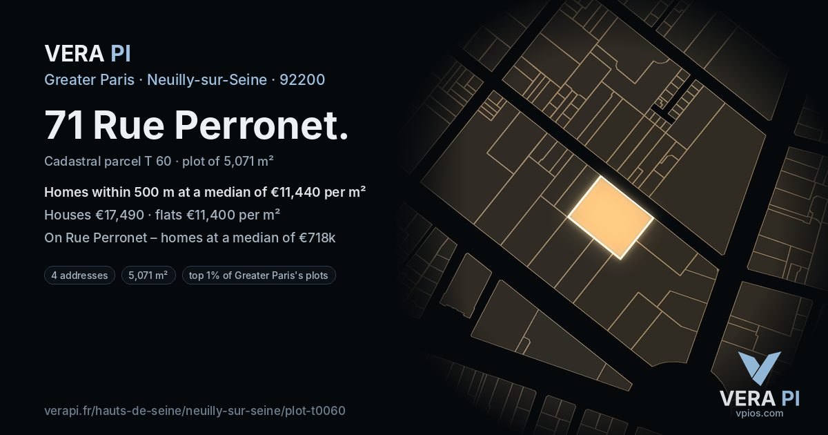 71 Rue Perronet, Neuilly-sur-Seine at night – the plot lit, the parcels around coloured by the prices near them
