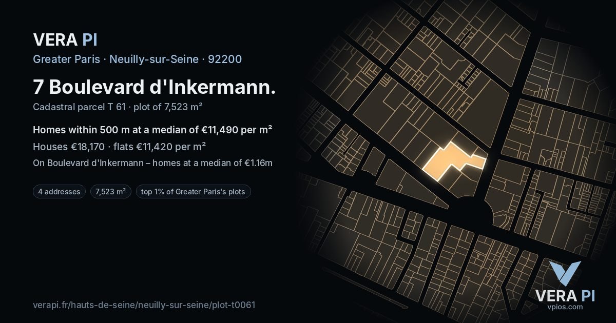 7 Boulevard d'Inkermann, Neuilly-sur-Seine at night – the plot lit, the parcels around coloured by the prices near them