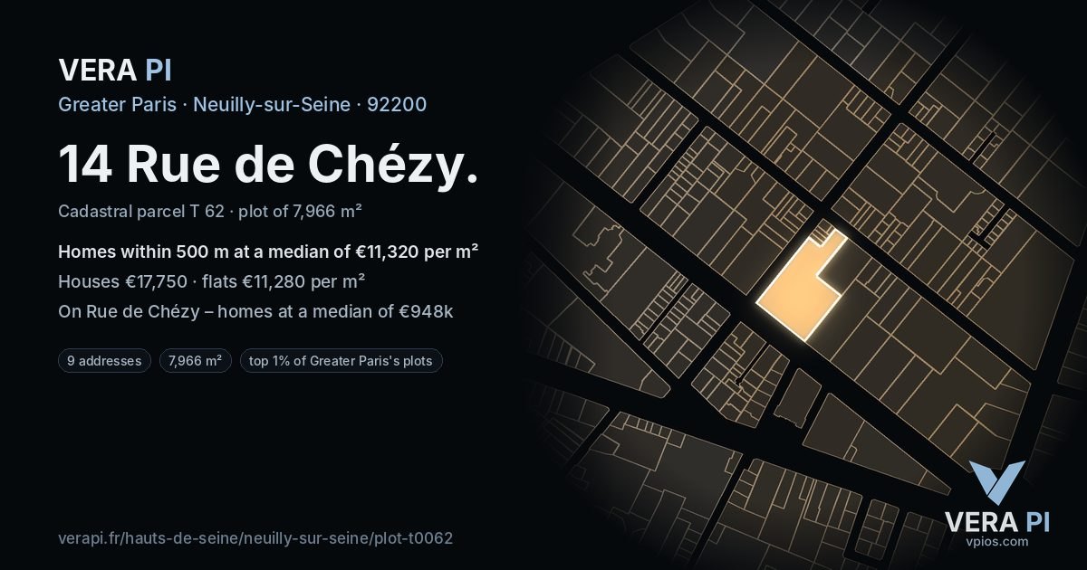 14 Rue de Chézy, Neuilly-sur-Seine at night – the plot lit, the parcels around coloured by the prices near them