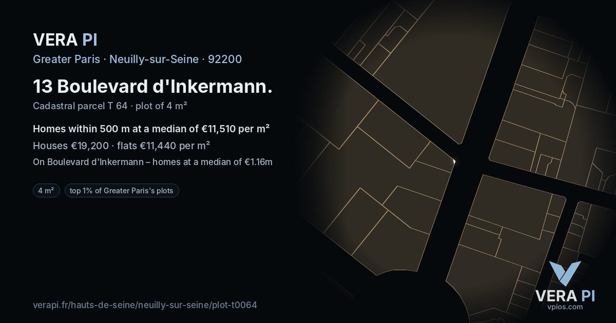 13 Boulevard d'Inkermann, Neuilly-sur-Seine at night – the plot lit, the parcels around coloured by the prices near them
