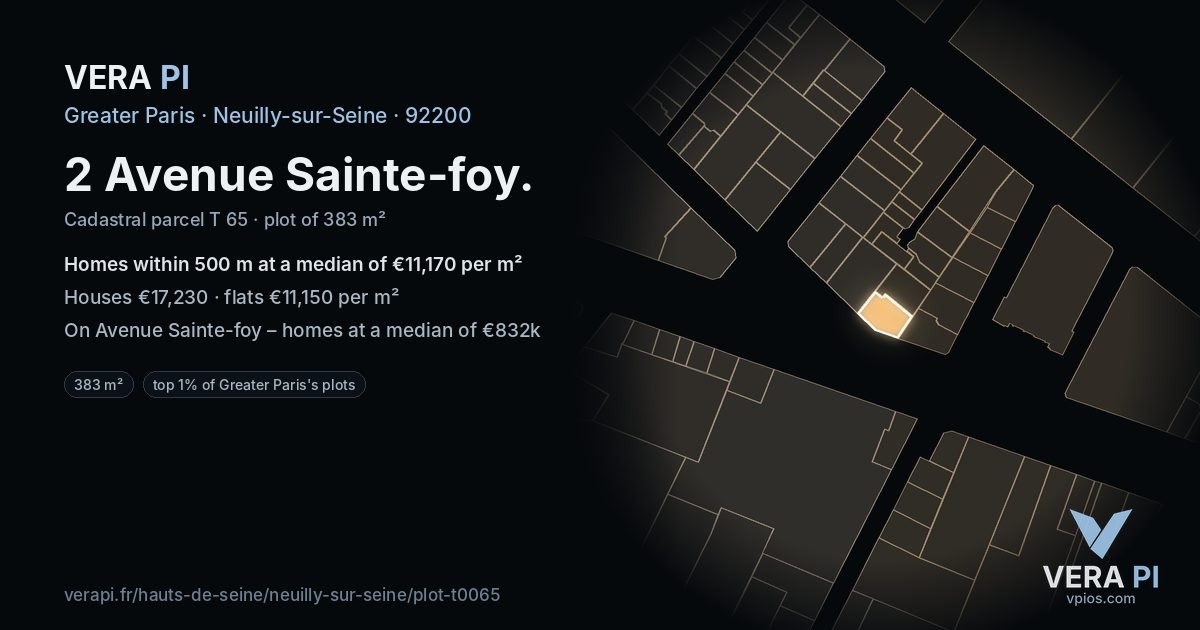 2 Avenue Sainte-foy, Neuilly-sur-Seine at night – the plot lit, the parcels around coloured by the prices near them