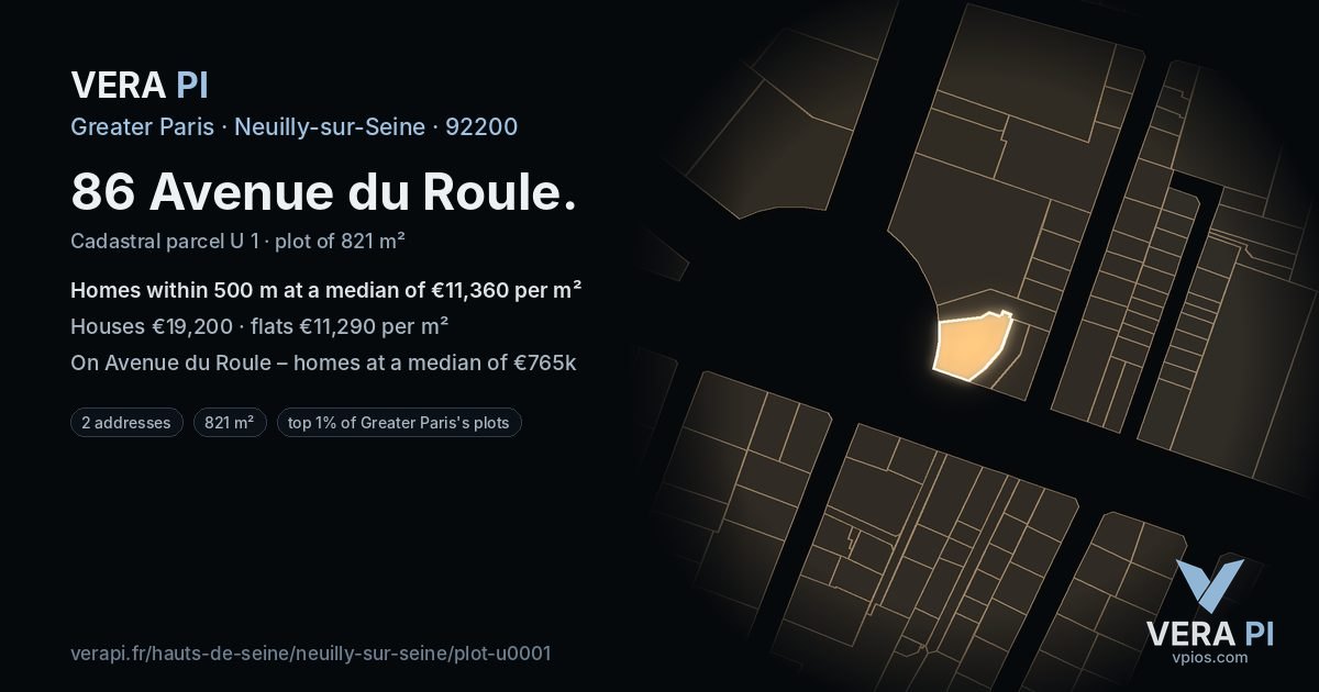 86 Avenue du Roule, Neuilly-sur-Seine at night – the plot lit, the parcels around coloured by the prices near them