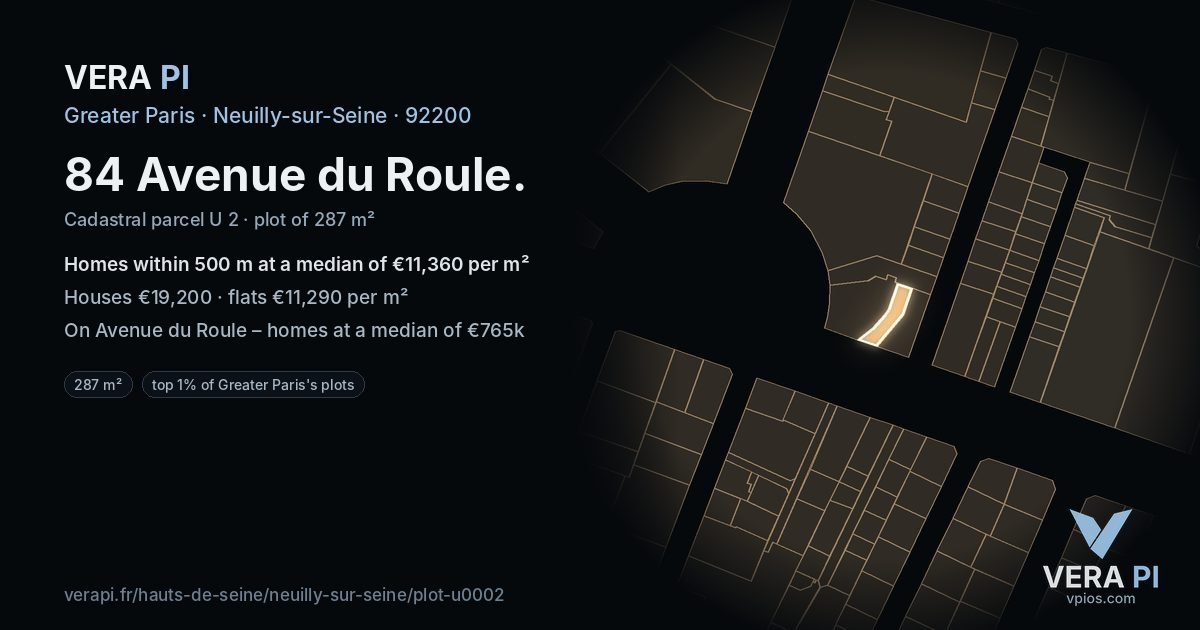 84 Avenue du Roule, Neuilly-sur-Seine at night – the plot lit, the parcels around coloured by the prices near them