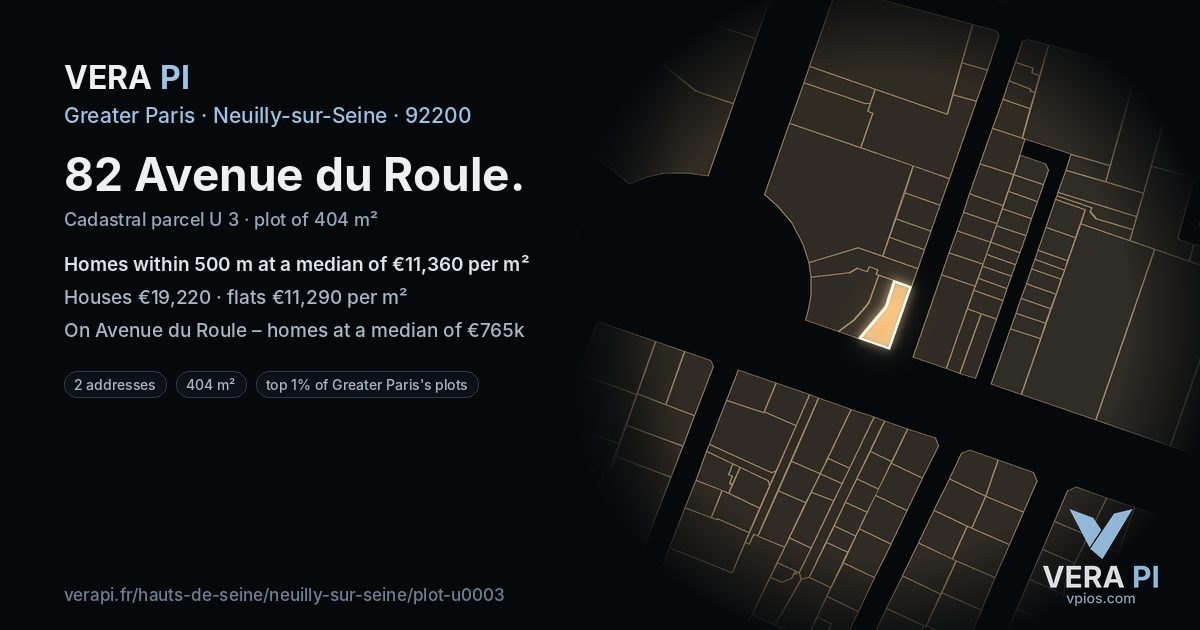 82 Avenue du Roule, Neuilly-sur-Seine at night – the plot lit, the parcels around coloured by the prices near them