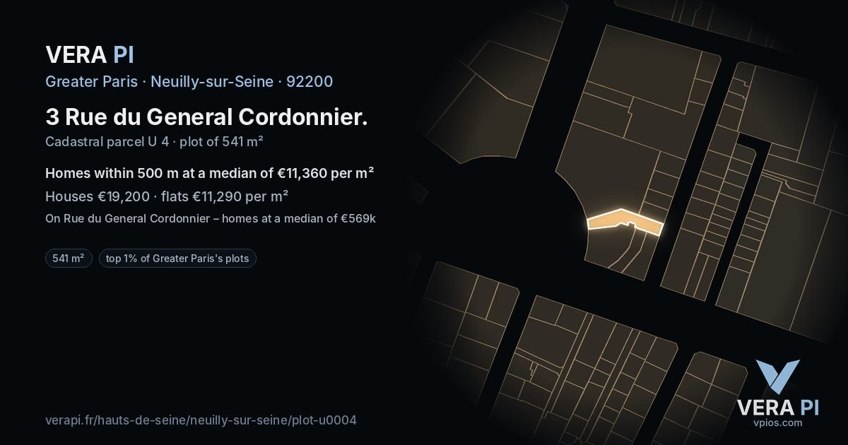 3 Rue du General Cordonnier, Neuilly-sur-Seine at night – the plot lit, the parcels around coloured by the prices near them