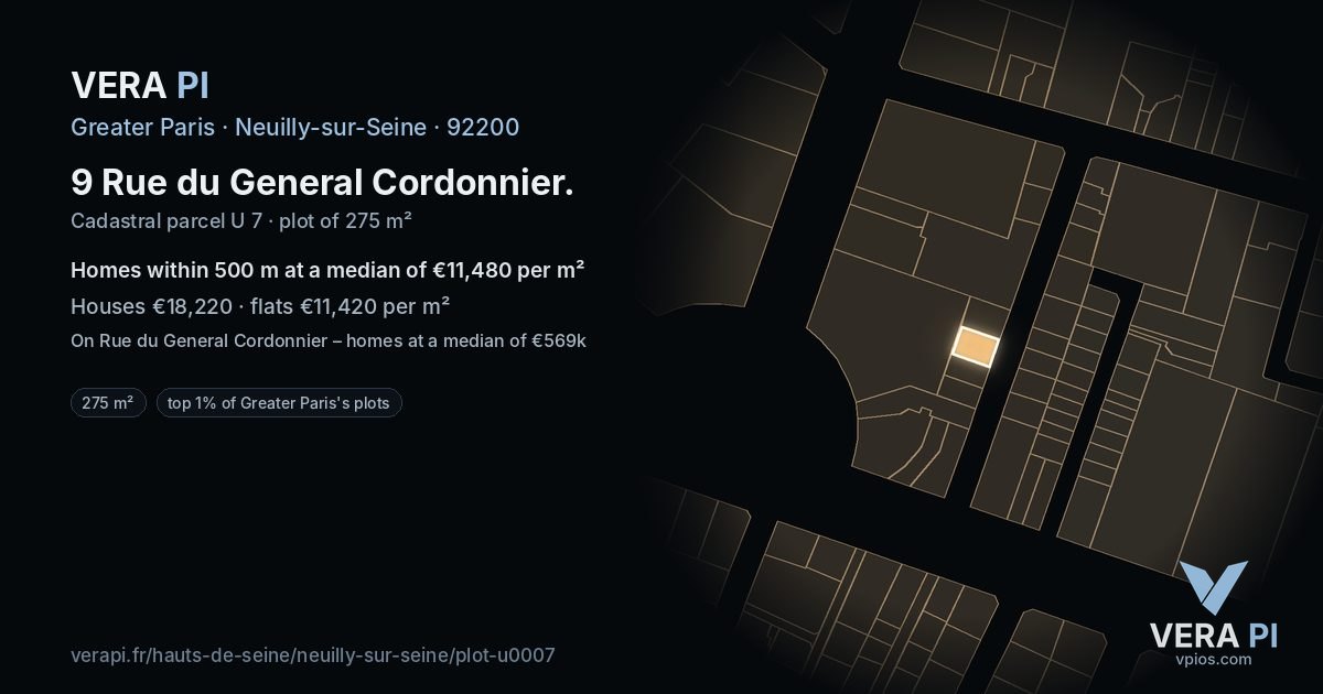 9 Rue du General Cordonnier, Neuilly-sur-Seine at night – the plot lit, the parcels around coloured by the prices near them