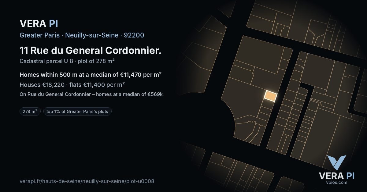 11 Rue du General Cordonnier, Neuilly-sur-Seine at night – the plot lit, the parcels around coloured by the prices near them